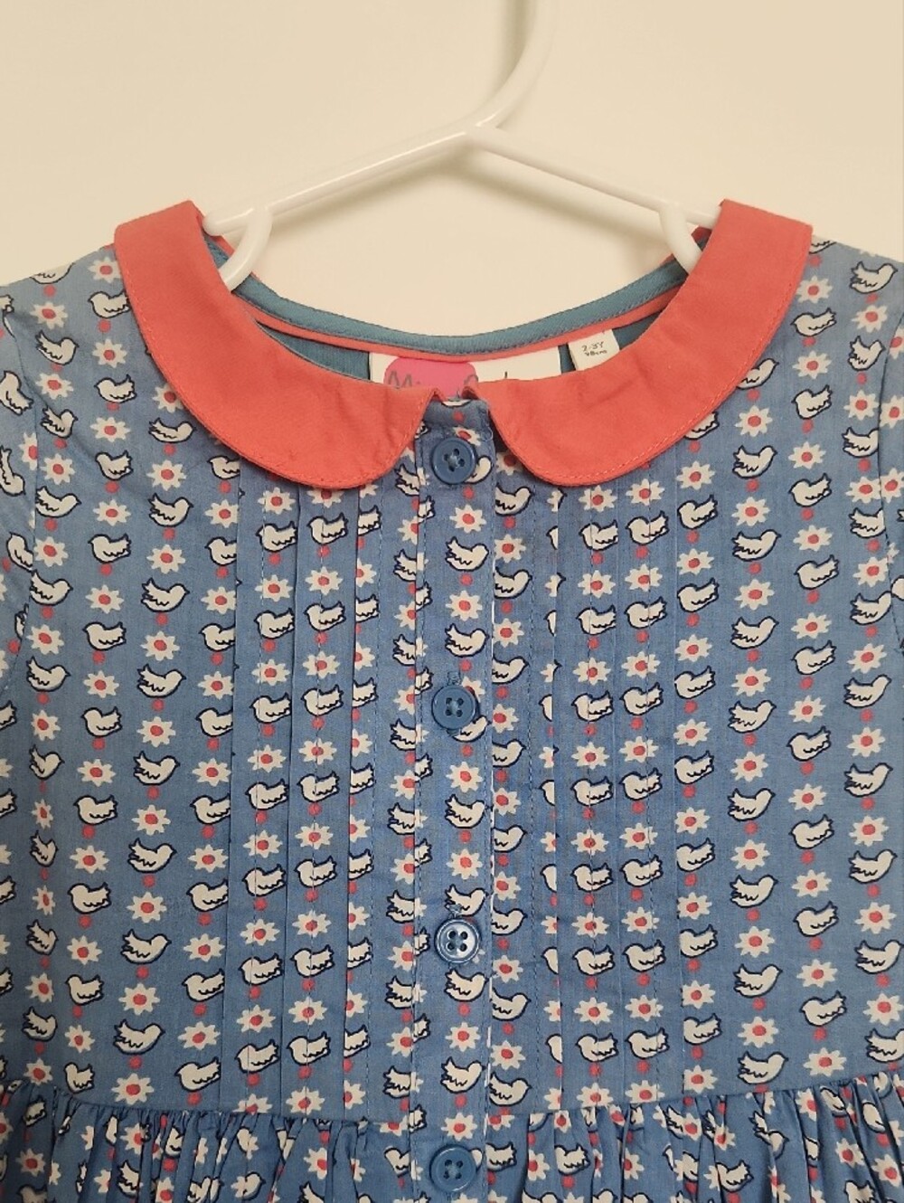 Mini Boden Blue Floral Dress with Coral Peter Pan Collar - Picture 2 of 4